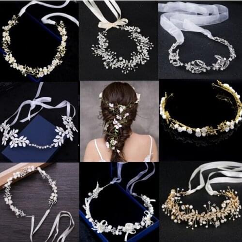 Gold White Flower Floral Crystal Pearl headband hair band Wedding Jewelry Headdress For Bride Handmade Wedding Hair Accessories
