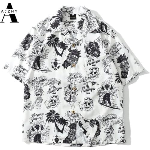 AJZHY Skull Print Hawaiian Shirt Men Summer Hip Hop Streetwear Harajuku Shirts Casual Short Sleeve Beach Shirt for Men Tops Tees