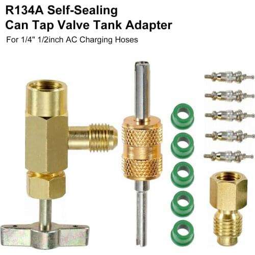 R134A Self-Sealing Can Tap Valve Piercing Style A/C Tank Refrigerant Dispenser with Adapter Valve Core Remover Replacement