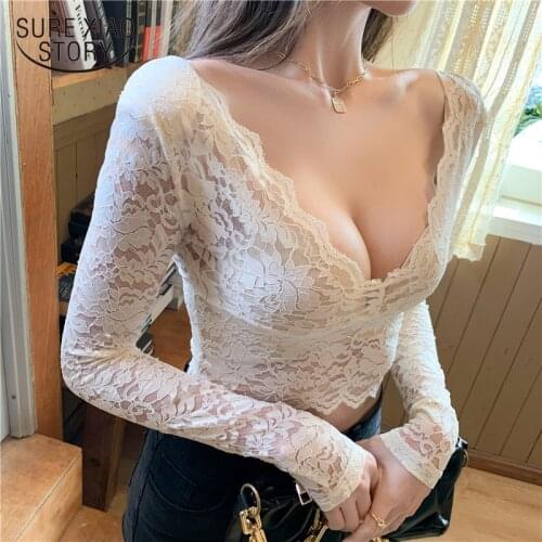 Sexy V-neck Lace Blouse Women French Chic Short Transparent Floral Shirt Plus Size 5XL New Slim Long Sleeve Bottoming Tops 13726
