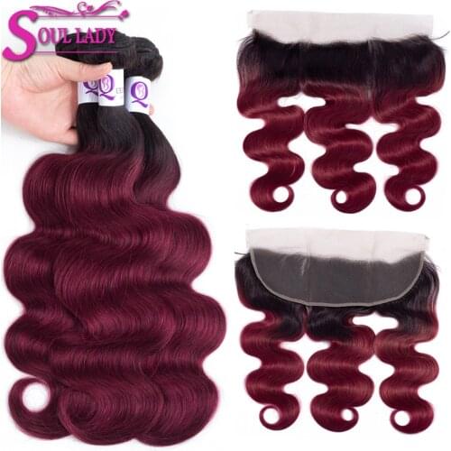 Soul Lady 1b/Burgundy Ombre Bundles With Frontal Two Tone Color Non Remy Peruvian Ombre Body Wave 3 Bundles With Frontal Closure