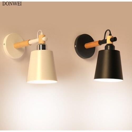 LED Wall Light Wood Wall Lamp Bed Bedside Light Night Lights Modern Nordic Lampshade Home Decor White & Black Belt 85-265V