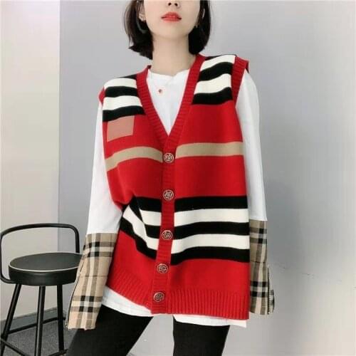 Sweater Vest Korean Fashion Womens Vest Spring Autumn Sleeveless Cardigan желетка вязанная Striped Coat Oversize Sweaters Woman