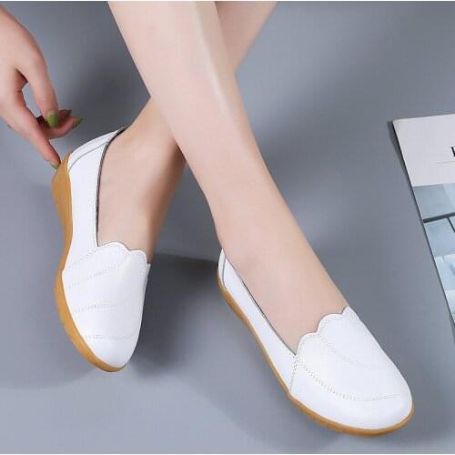 Genuine Leather Shoes For Women White Loafers Summer Clssic Style 2021 Nurse Shoes Woman Leather Flats