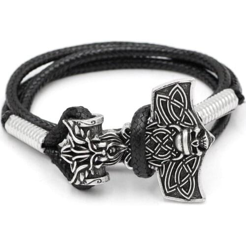 Youeshone 10pcs Norse Viking Thors Hammer Amulet Nordic Odin Skull Face Mjolnir Bracelet- 23cm