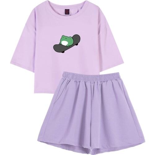 Frog Skateboard Aesthetic Clothes Harajuku Women TShirt Cotton Crop Tops Short Sleeve Two Piece Set Summer Shorts Outdoors Wears
