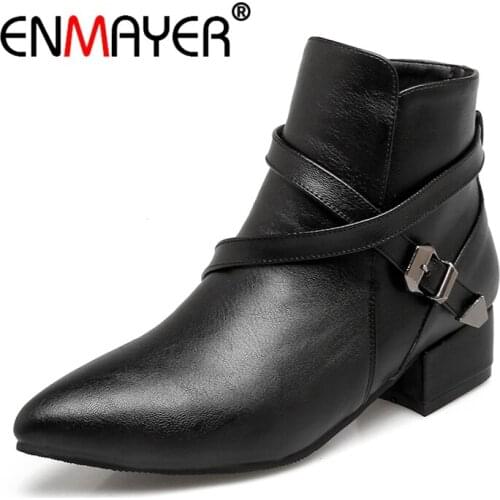 ENMAYER New Fashion 2020 Women Ankle boots Ladies Shoes Big size 34-43 Pointed toe Buckle strap Square heel Women boots PU CR496