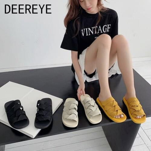 Two-Wear Woven Elastic Band Flat Slippers Roman Womens Slip-on Mules Sandals Open Toed Shoes Brands Luxury 2021 Summer Outdoor