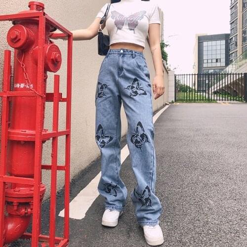 Jeans 2021 Women Loose Jeans High Street Sexy High Waist Butterfly Print Long Straight Pants Streetwear Slim Baggy Trousers