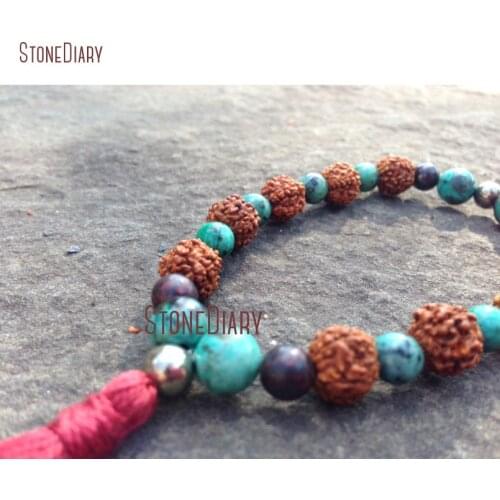 African Turquoises & Rudraksha Bracelet with Brecciated Jaspers Pyrite 27 Bead Stacking Quarter Mala Tassel Bracelet BM11046
