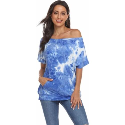 Womens tie-dyed summer/autumn 2021 off-the-shoulder pocket top in solid color slant shoulder T-shirt with pocket insertion