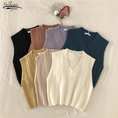 Autumn and Winter Knitted Womens Sweater Sleeveless Casual Loose Knit Vest V-neck Women Pullover Sweater Solid Pull Femme 16057