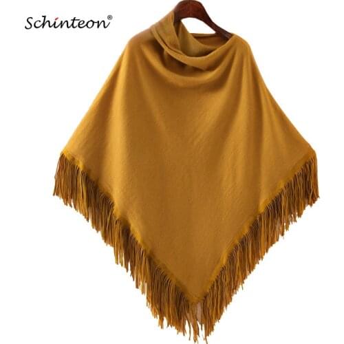 Schinteon Women Poncho Cloak Pullover Coats Knitwear Sweater Cape Tassels Soft New Casual Outwear