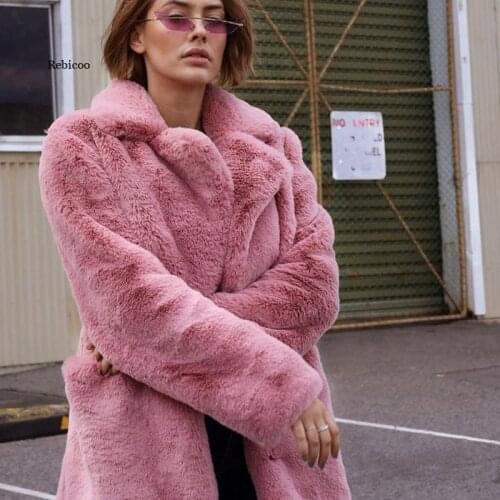 Winter Women High Quality Faux Rabbit Fur Coat Luxury Long Fur Coat Lapel OverCoat Thick Warm Plus Size Female Plush Coats
