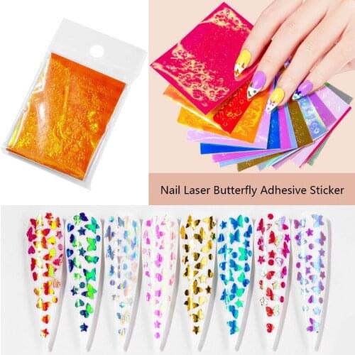 16pcs/ Set Fire Holographic Nail Sticker Leaf Self Adhesive Decal Thin Laser butterfly Sticker Diy Nail Foil Nail Art Sticker