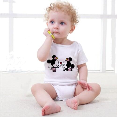 2021 Baby Clothes Summer New Fashion White Baby Boys Girls Rompers Mickey&Minnie Print Cartoon Disney Infant Toddler Clothing