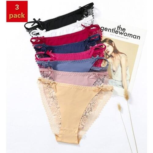 3 Pack Sexy womens panties European sexy lace ladies underwear fashion women beach bikini ice silk seamless womens briefs