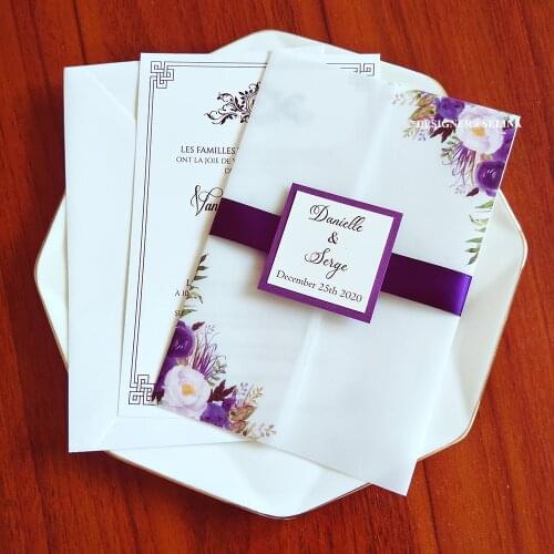 50 Pieces/Lot) Purple Flower Wedding Party Card Wrap With Tag and Ribbon Envelope DIY Vellum Jackets For Sweet 15 Invites