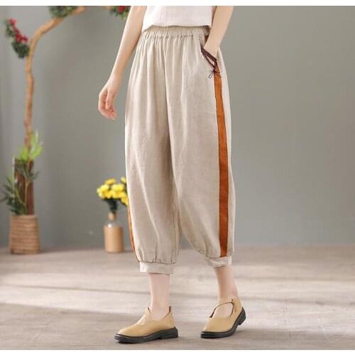 Ramie Women Pants 2021 Summer New Elastic Waist Pockets Loose Harem Casual Calf Length Trousers Female YoYiKamomo