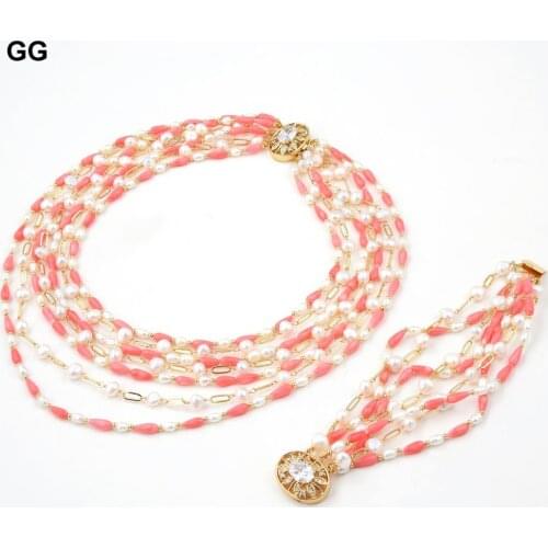 GG Jewelry 7 Strands Cultured White Baroque Freshwater Pearl Pink Coral Statement Bracelet Necklace Sets Cute Style For Women