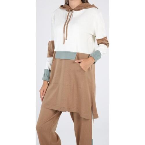 KAdın giyim Kapüşonlu sweatshirt pantolon kombin takım ikili set sonahar kış siyah camel rahat standart kalıp beden muslim