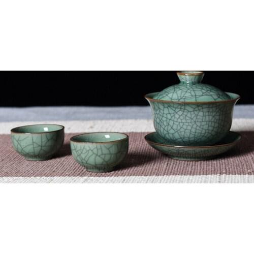 China Longquan Celadon Gaiwan Tea Set Kung Fu GE DI Kiln Cover Bowl SanCai 200ml