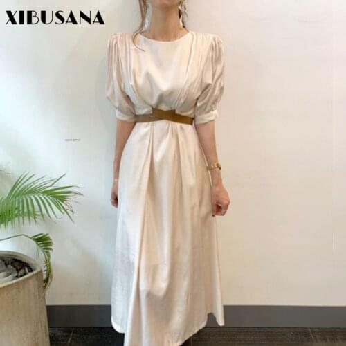 Korea Chic Elegant Slim Dresses With Lining Women Short Sleeve O-Neck Cross Lace Up Belt Waist Cotton Long Dress Female Vestidos