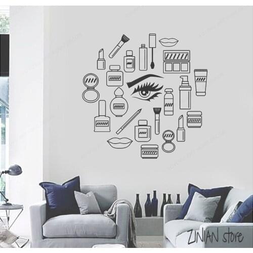 Makeup Cosmetics Wall Art Vinyl Woman Girls Beauty Salon Wall Stickers For Bedroom Removable Art Mural Deoration HL50