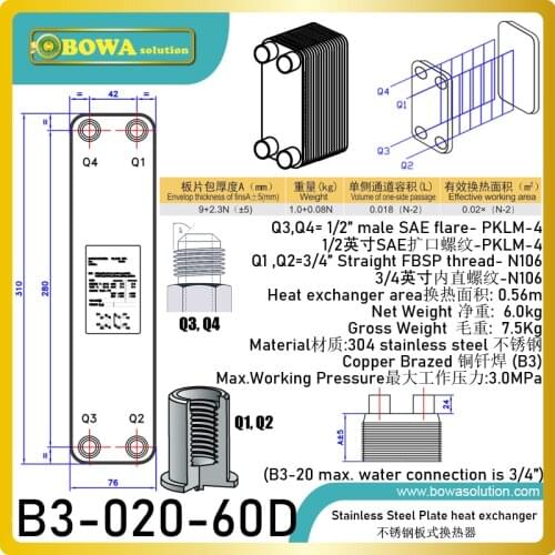 Stainless steel PHE condenser is used for hydronic house heating systems, including hydrocarbon heat pump units