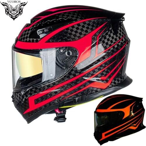 Vcoros VF-602 Carbon Fiber Full Face Motorcycle Helmet Man Motorbike Helmet With Double Lens Casco Moto capacete de motoci DOT
