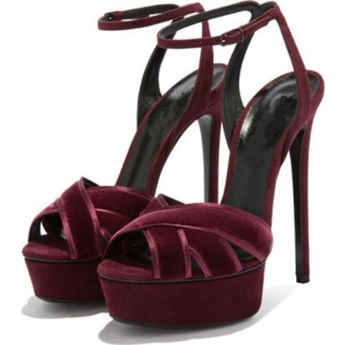 New Platform Crossed Velvet Sandals Lady Ankle Strap Stiletto High Heels Dress Shoes Woman Peep Toe Cut out Party Sandal