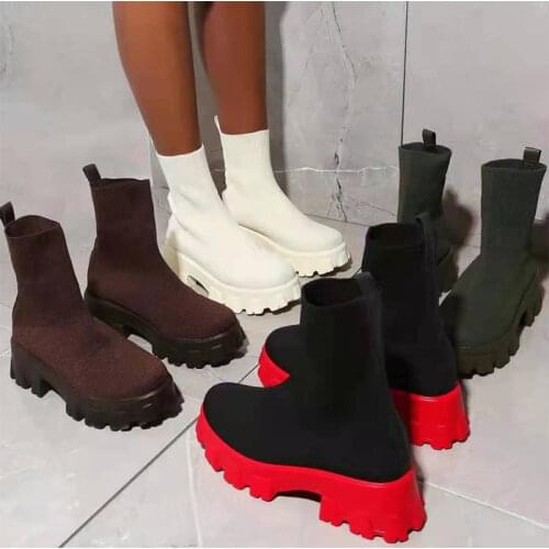 2021 New Winter Warm Fashion Mid Heels Knitting Chelsea Women Shoes Ankle Sock Stretch Boots Designer Chunky Platform Snow Boots