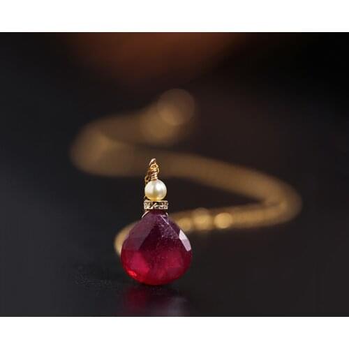 DAIMI Faceted Water Drop Ruby Pendant Female Genuine Gemstones Yellow 18K Gold Seawater Pearl Necklace Customization