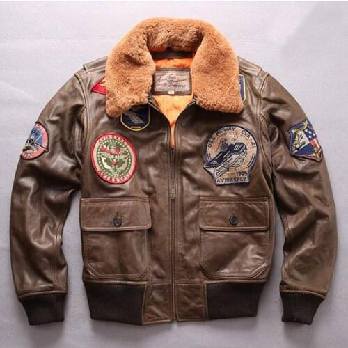 Air force flight G1 pilot warm fur collar leather jacket high quality genuine cow leather clothing thick cowhide rider jacket