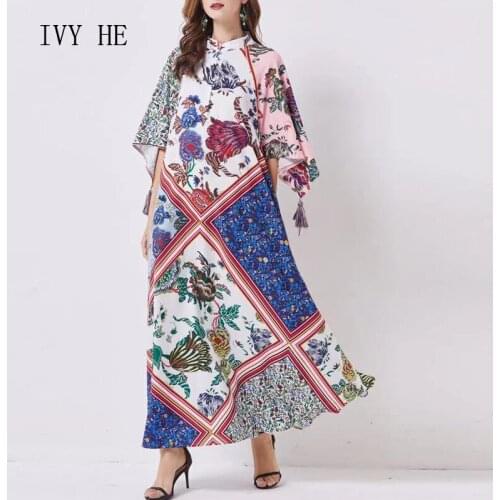 IVY HE High Quality Early Autumn Dress Woman Clothing Retro National Style Printing Tassels Are Irregular Casual Long Dresses ZA