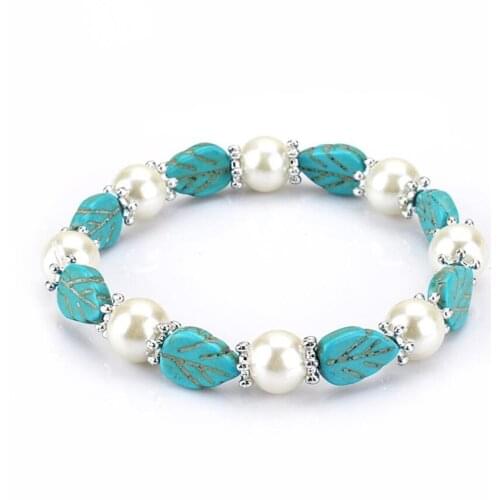 Silver Plated Leaf Connect Green Turquoises Stone Elastic Bracelet with Imitation Pearl Geometric Jewelry