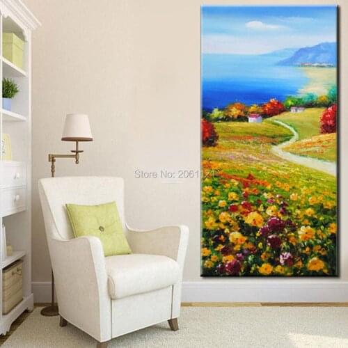 Hand painted traditional Pastoral oil painting on canvas fields and gardens landscape wall painting flowers field to the beach