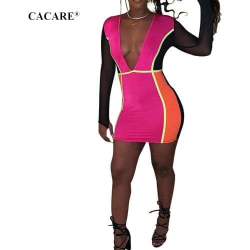 Sexy Bodycon Mini Dress Hot S-XXL with Long Sleeve Deep V Dress Club Sale Party Pencil Dress Multiway F0211 Patchwork