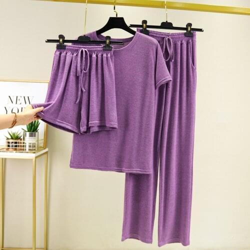 Knitted Short-Sleeved Shorts + Trousers Women 3 Pcs Home Suit Summer New Pajamas Cotton Nightwear Pyjama Femme Sleeping Clothes