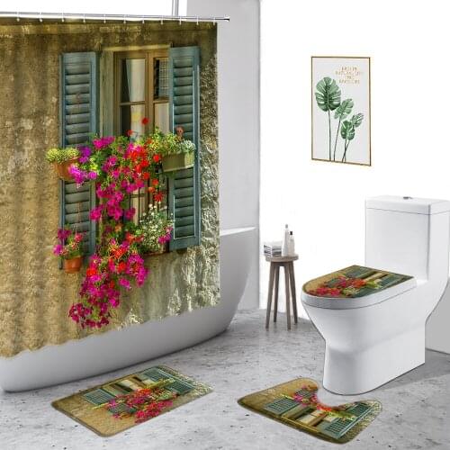 Spring Garden Shower Curtain Flower Plant Retro Fence Street View Pastoral Theme Bathroom Decor Set Non-Slip Carpet Toilet Cover