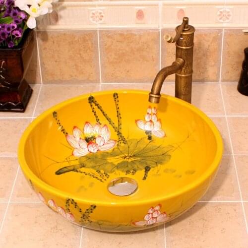 Yellow Lotus China Artistic Handmade Ceramic wash basin Round Counter top bathroom ceramic wash basin handmade wash basin