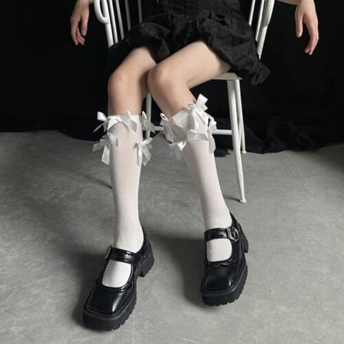Women Lolita Elegant Knee High Socks College Style Kawaii Student Sweet Satin Bowknot Black White Stockings Hosiery