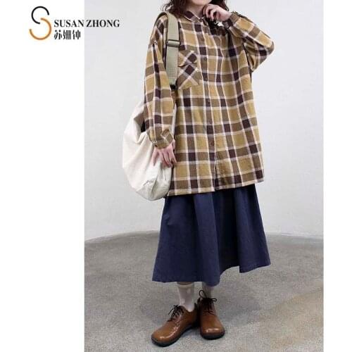 Women Shirts Feme Blouse Lady Top 2021 Spring Summer Natural Normcore Casual Cotton Vintage Check Button Cuff Midi Pockets Retro