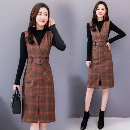 Long-sleeved Plaid Woolen Waist Temperament Vest Two-piece Suit 2021 Spring and Autumn Bottoming Dress Tooling Vest Suit