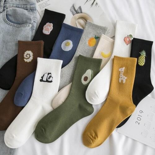 1Pair Colorful Fruits Cotton Funny Socks Women Cartoon Jacquard Japanese Harajuku Deer Panda Cat Paw Avocado Mid-Tube Cute Socks