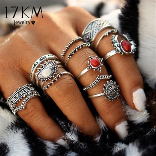 17KM 14pcs/Set Vintage Silver Color Moon And Sun Midi Ring Sets for Women Pattern Female Red Big Stone Knuckle Rings Gift