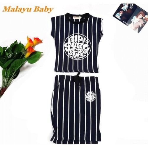 Malayu Baby Girl Clothes Suit Summer New Striped Letters Print Short Sleeve T-shirt /Skirt 2 Pcs 2-7 Year Fashion Kids Clothing