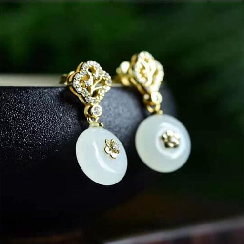 Natural Hetian Jade White Jade S925 Sterling Silver Stud Earrings Chinese Retro Stud Earrings Pattern Carved Stud Earrings Ornam