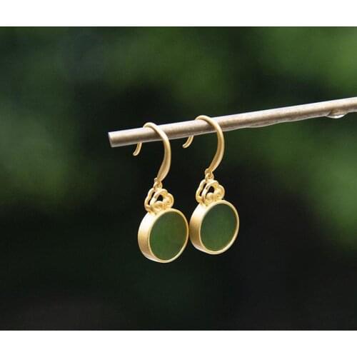 Natural Hetian jade mirror round earrings S925 sterling silver literary gold earrings Chinese style natural jaspe