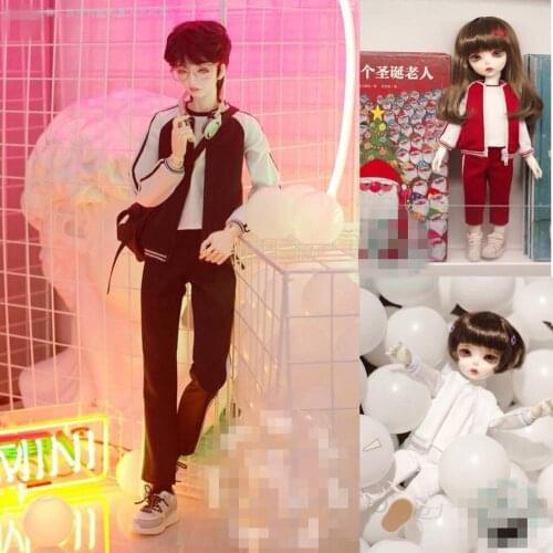 BJD Doll clothes set suitable for 1-4 1-6 size school uniform black white and red sportswear three-piece set doll accessories